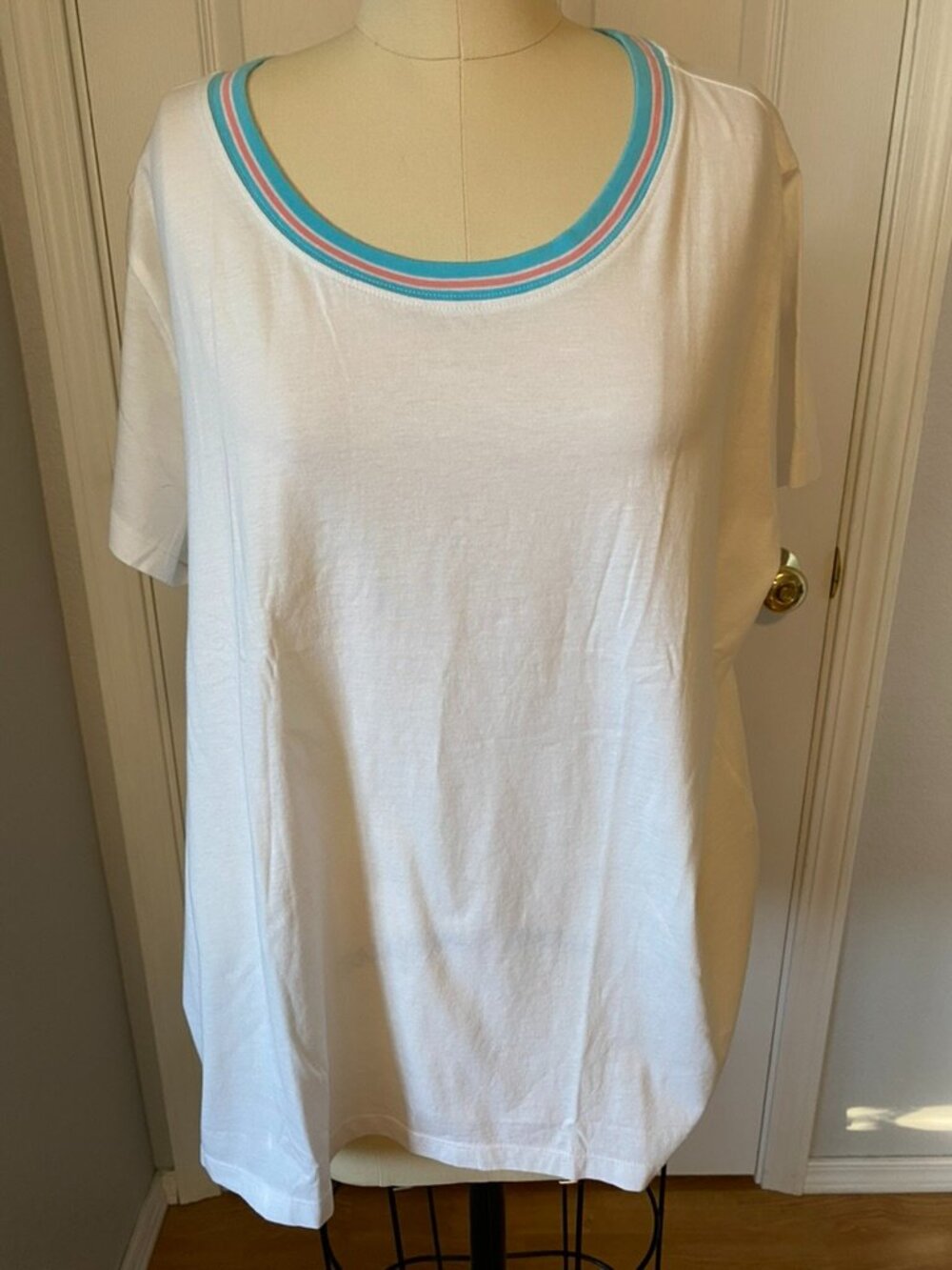 J.crew Cotton T-shirt with Blue and Pink Neckline,   NWT,  XXL